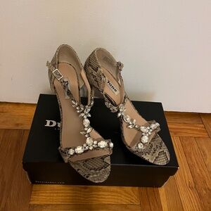 Dune London Crystal Embellished Snakeskin Heels – Size 39